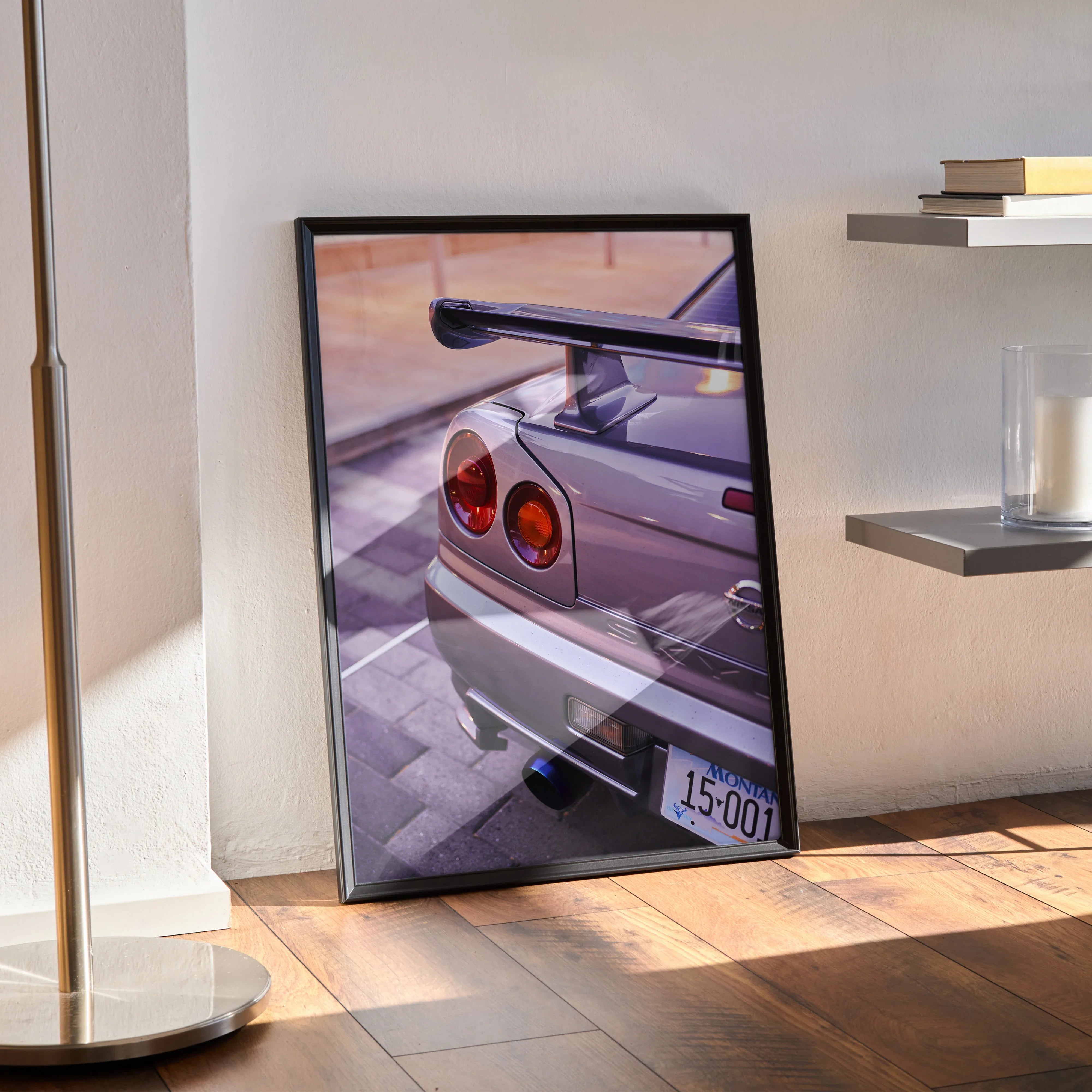 Nissan GTR R34 Skyline poster showcasing rear taillights and spoiler in high-resolution wall art.