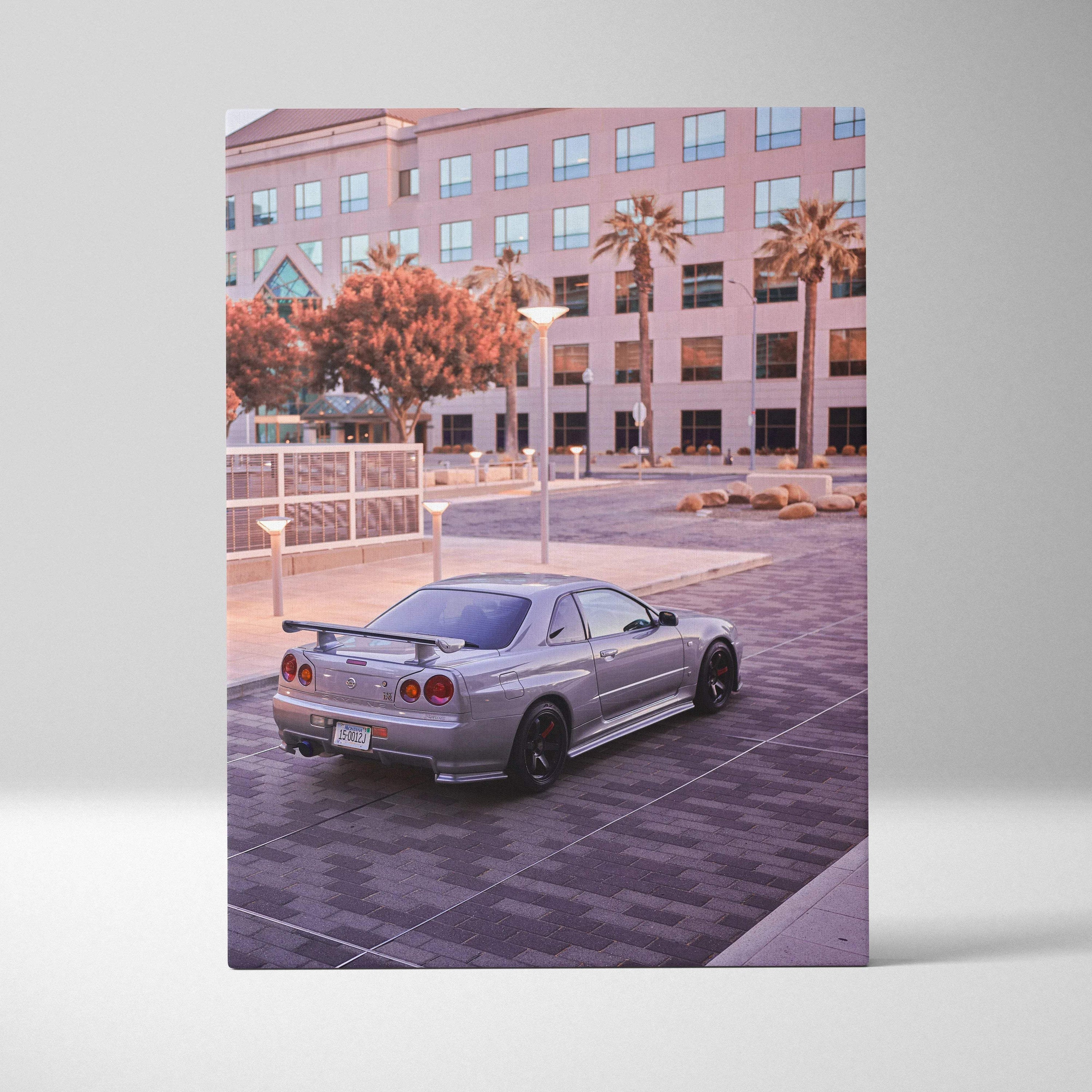 Nissan GTR R34 Skyline in urban setting canvas wall art with vivid colors and detailed automotive design.