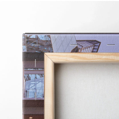 Close-up of stretched canvas art corner with visible wooden frame and urban architectural design wall art.