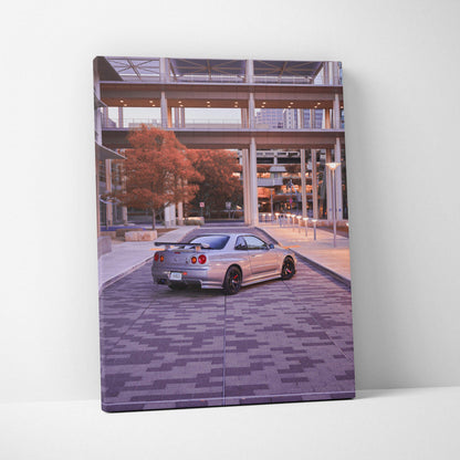 Nissan GTR R34 Skyline parked under modern architecture canvas art wall art vertical canvas print.