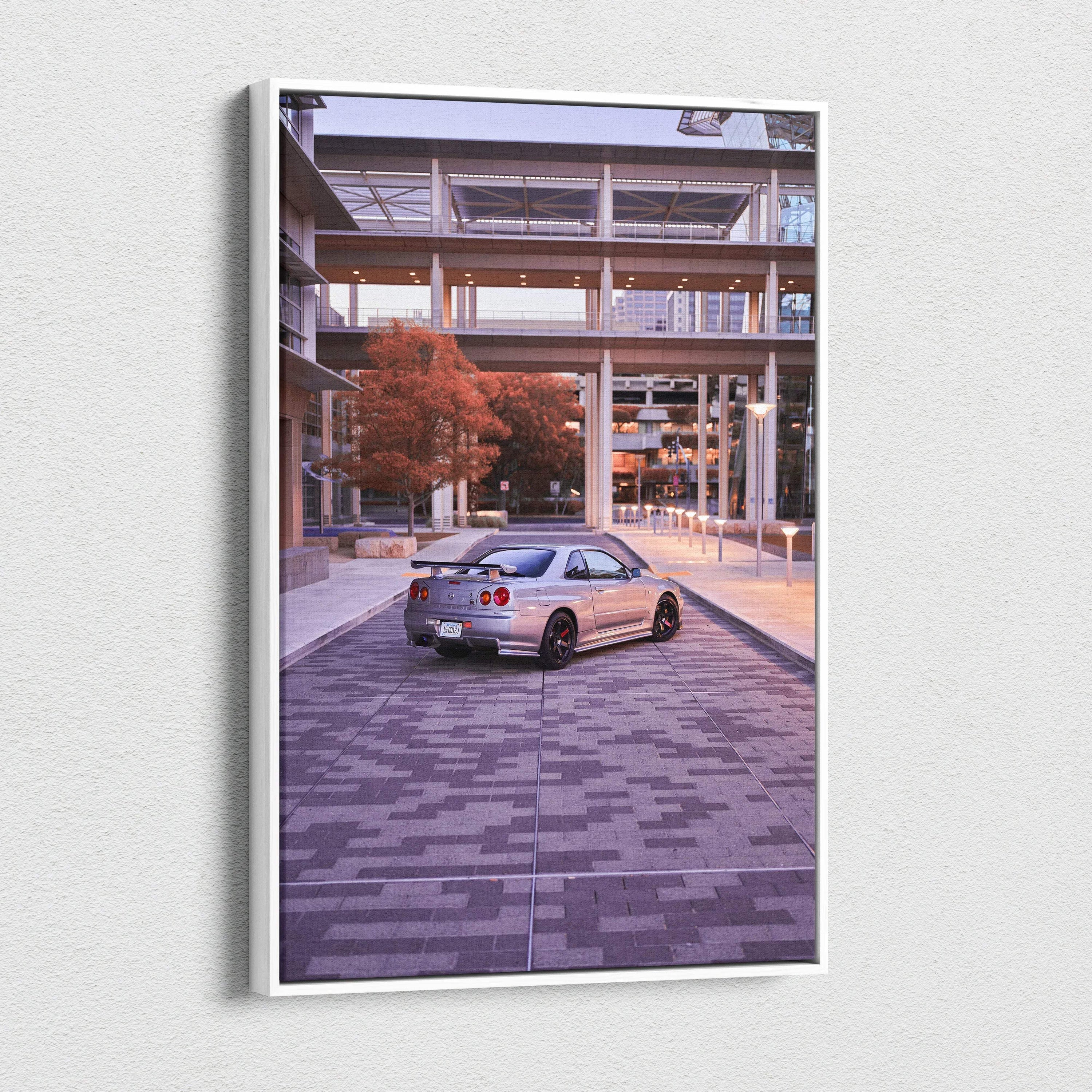 Nissan GTR R34 Skyline canvas art in urban setting with autumn tree, vertical wall art print.