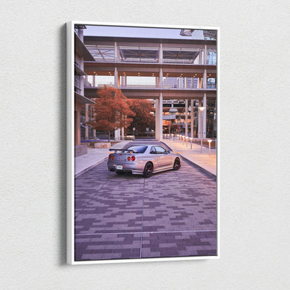 Nissan GTR R34 Skyline canvas art in urban setting with autumn tree, vertical wall art print.