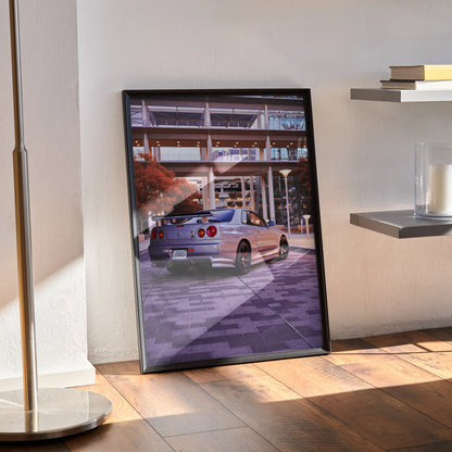 Nissan R34 GTR Skyline poster with urban backdrop framed as modern automotive wall art.