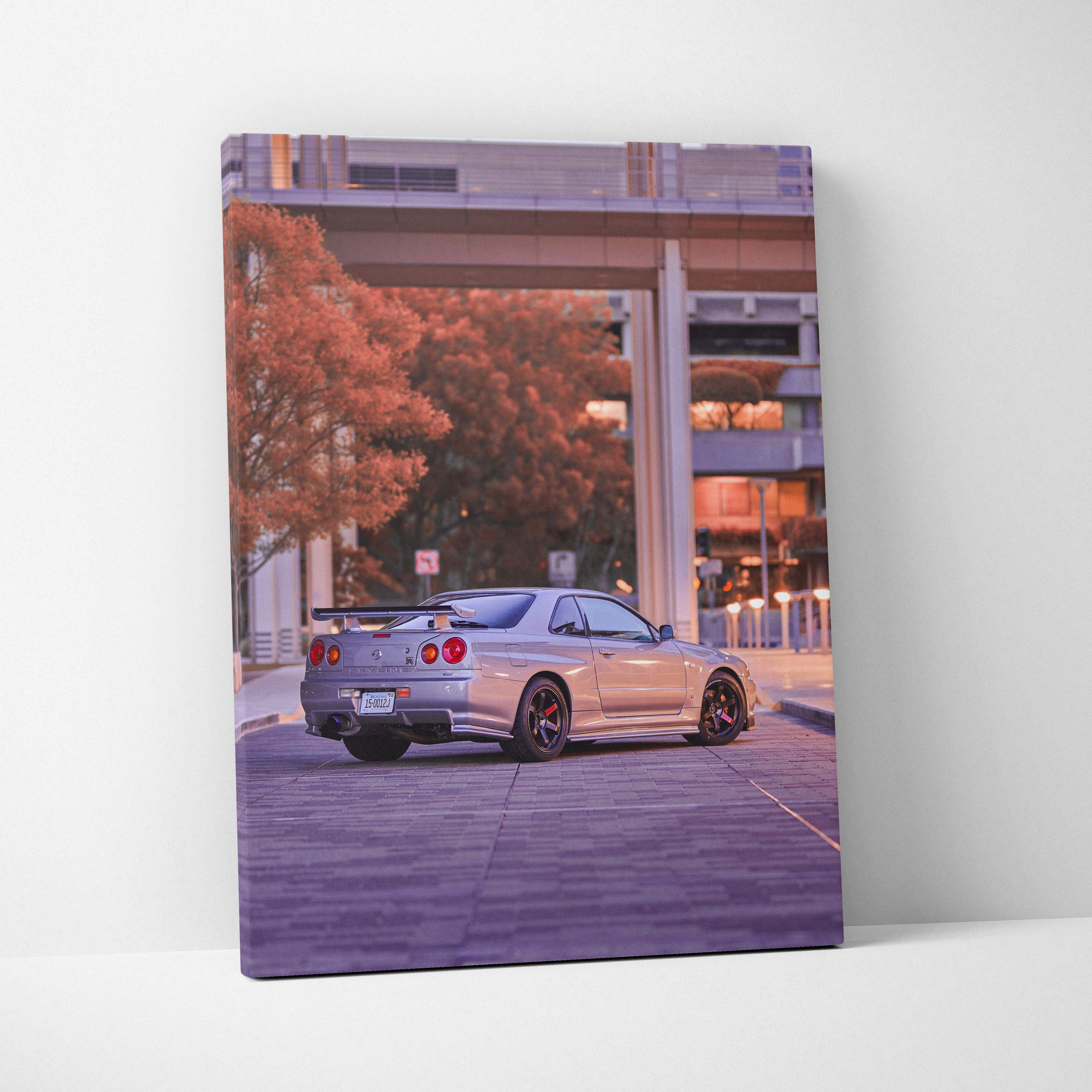 Nissan GTR R34 Skyline canvas art with urban backdrop and warm evening tones wall art.