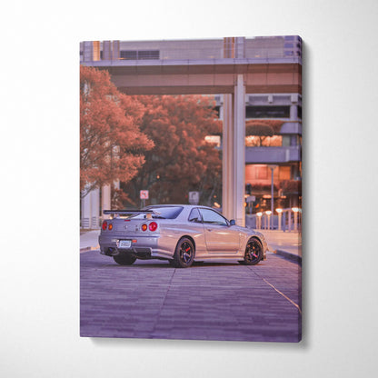 Nissan GTR R34 Skyline canvas wall art with urban sunset background, vertical museum-quality canvas print.