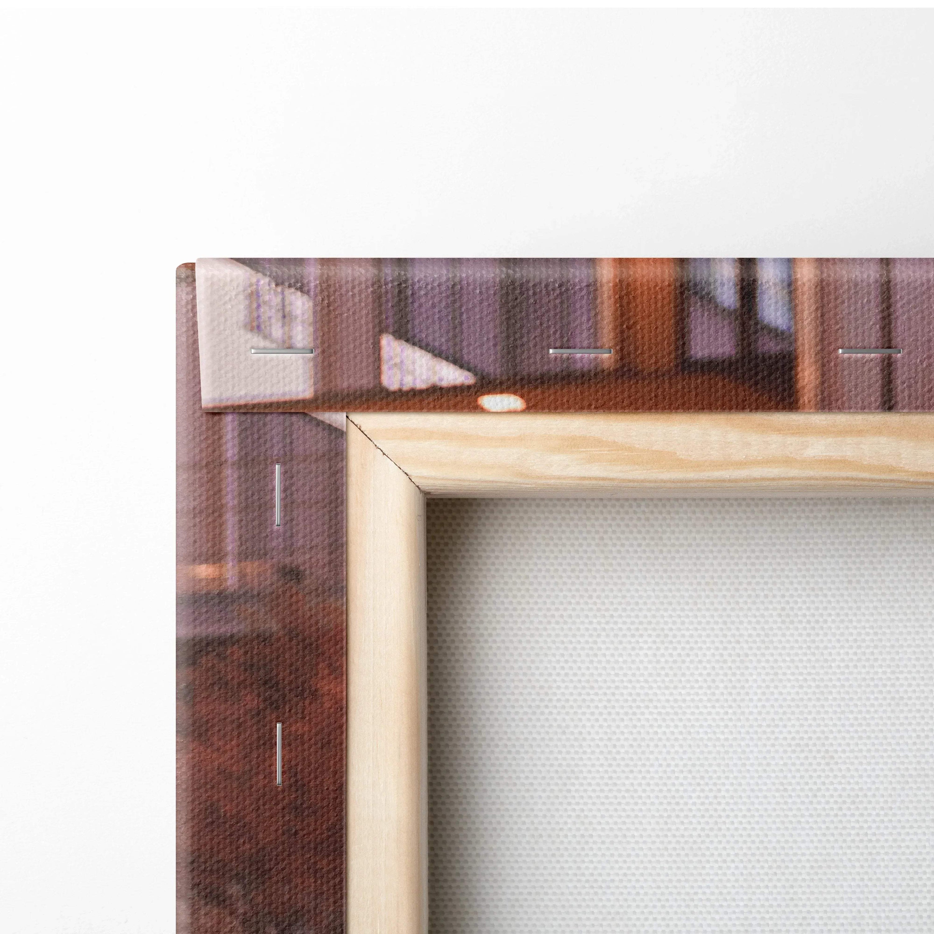 Close-up of wooden frame edge with taut canvas fabric for vertical wall art canvas print.