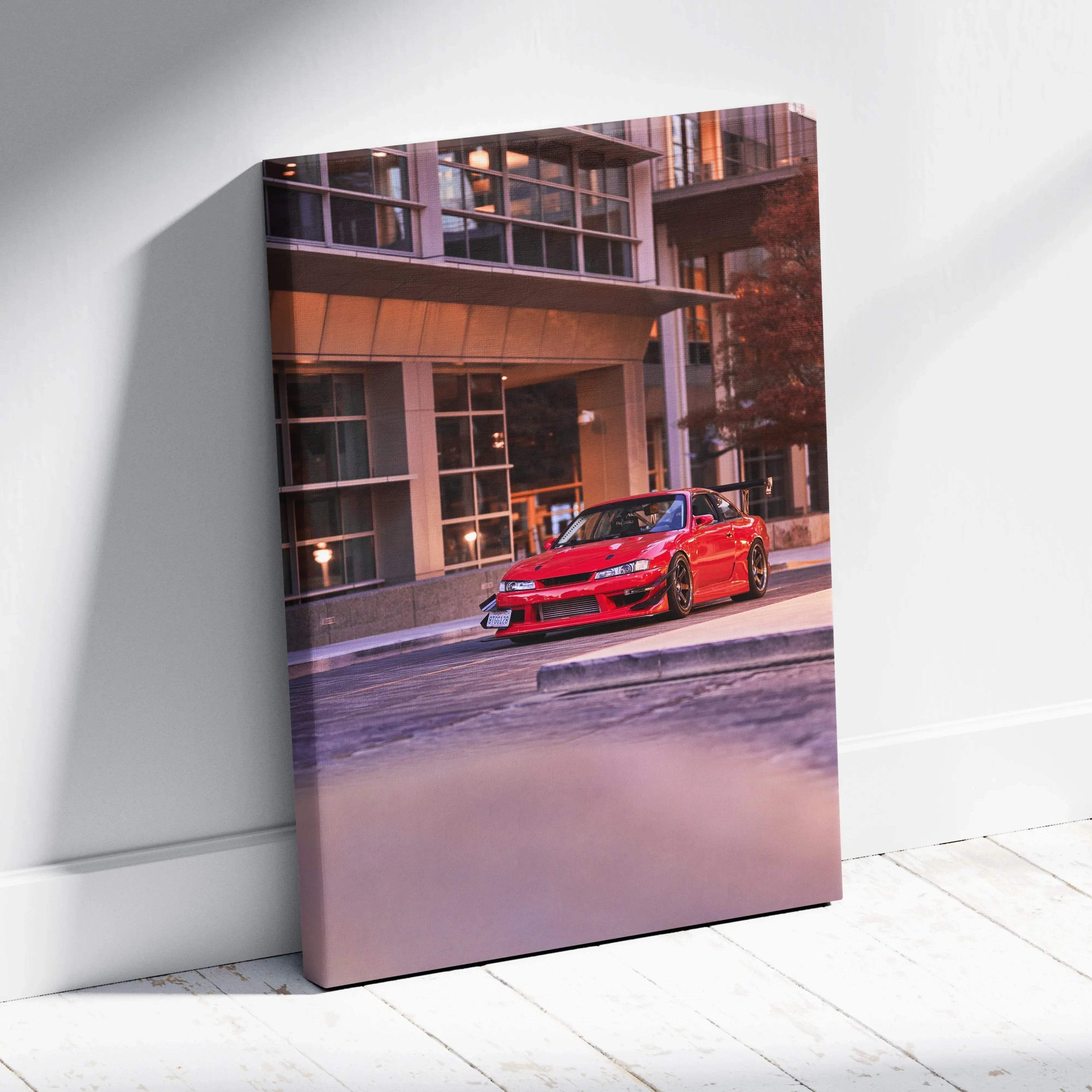 Vertical canvas art featuring a red Nissan 240sx S14 Kouki parked in an urban setting, wall art with vibrant colors and.