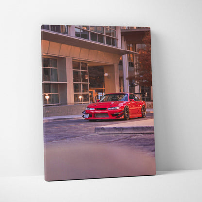 Red Nissan 240sx S14 Kouki car on city street canvas wall art in vertical format.