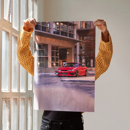 Red Nissan 240sx S14 Kouki parked urban street scene poster wall art.