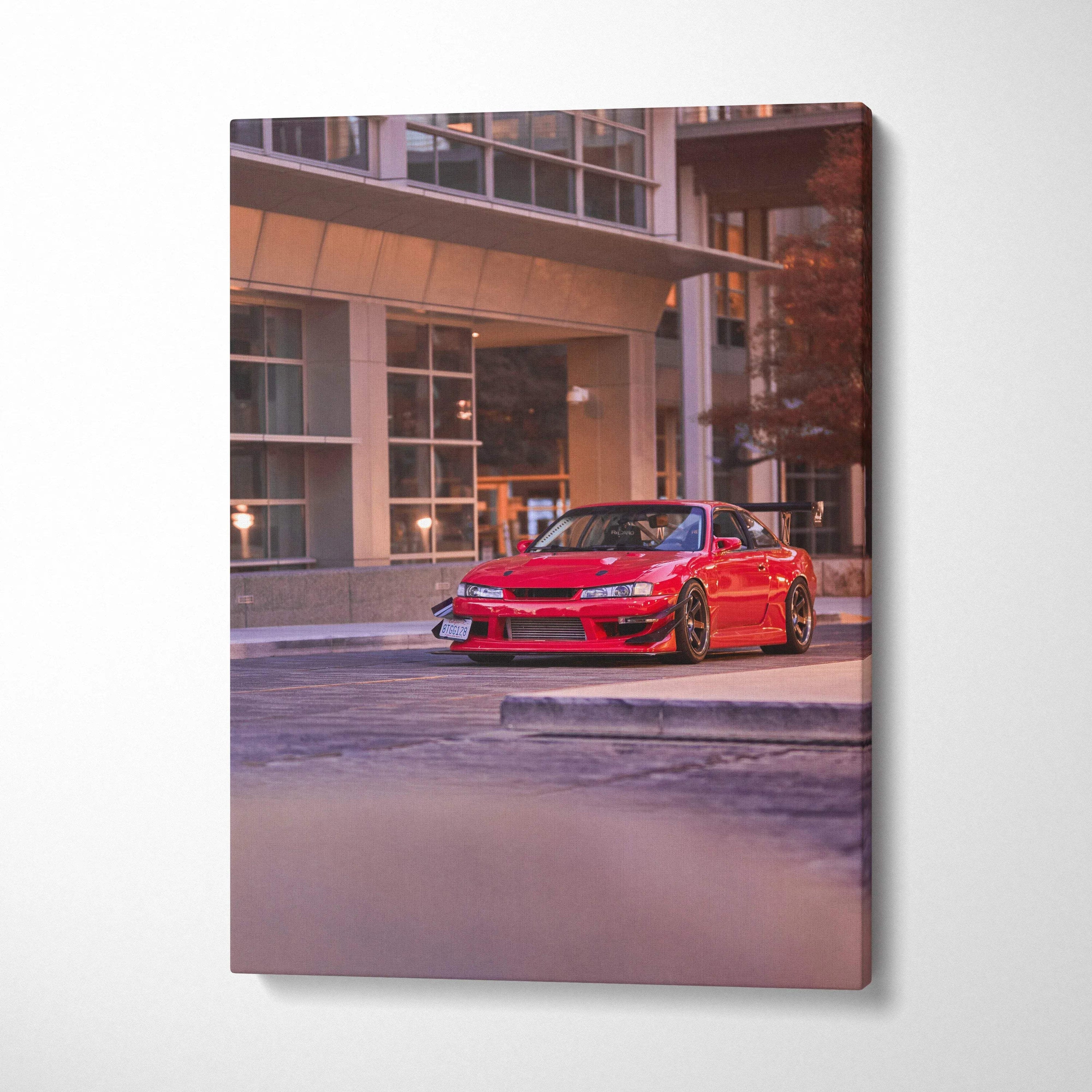 Red Nissan 240sx S14 Kouki parked in urban setting on vertical canvas wall art.
