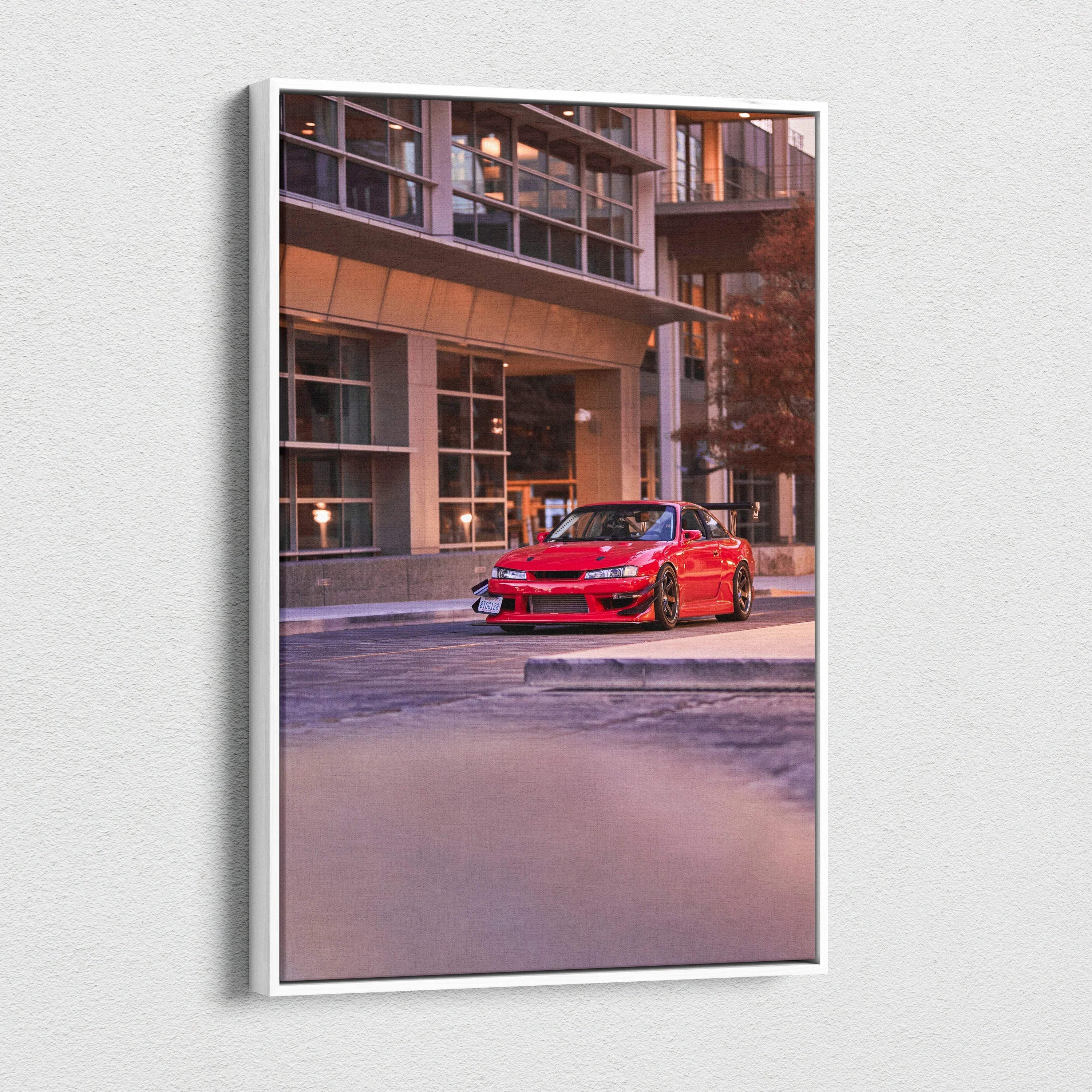 Nissan 240sx S14 Kouki red car canvas art with urban background vertical wall art.