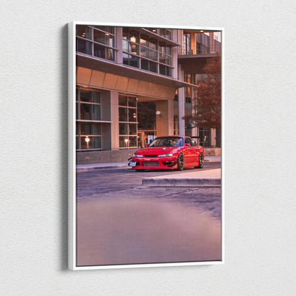 Nissan 240sx S14 Kouki red car canvas art with urban background vertical wall art.