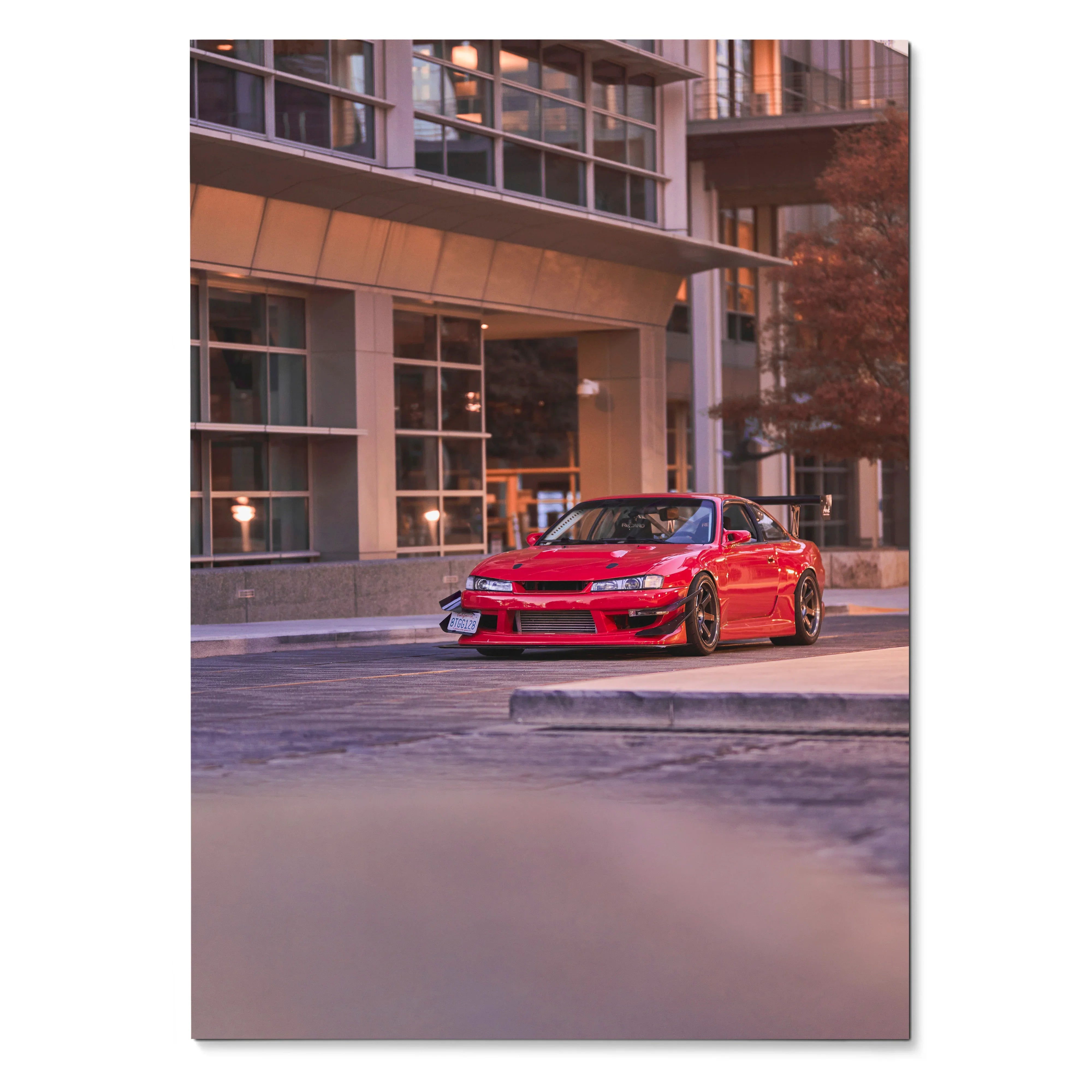 Red Nissan 240sx S14 Kouki parked in urban setting poster wall art.