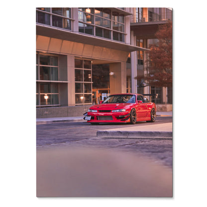 Red Nissan 240sx S14 Kouki parked in urban setting poster wall art.