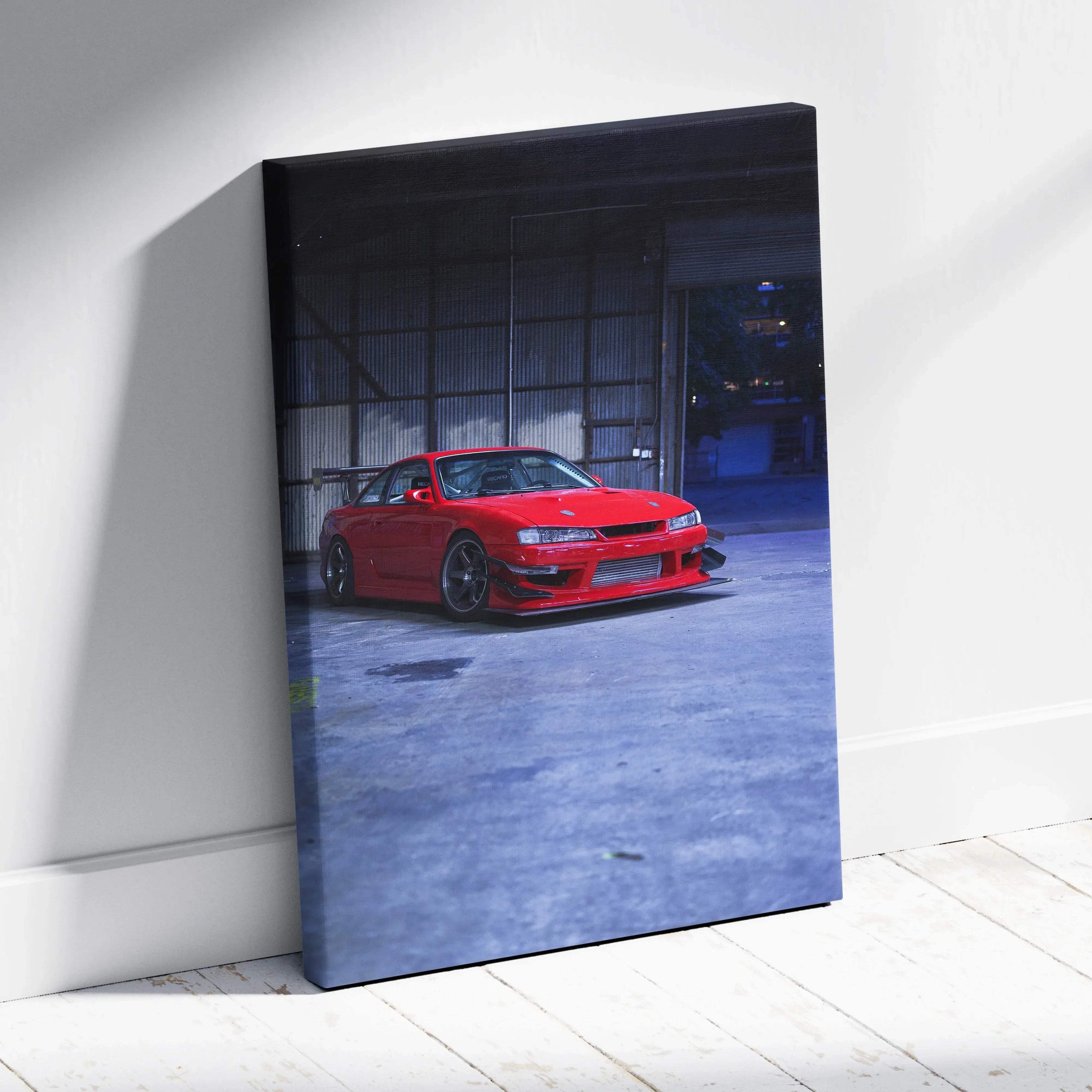 Red Nissan 240sx S14 Kouki sports car against industrial background canvas wall art.
