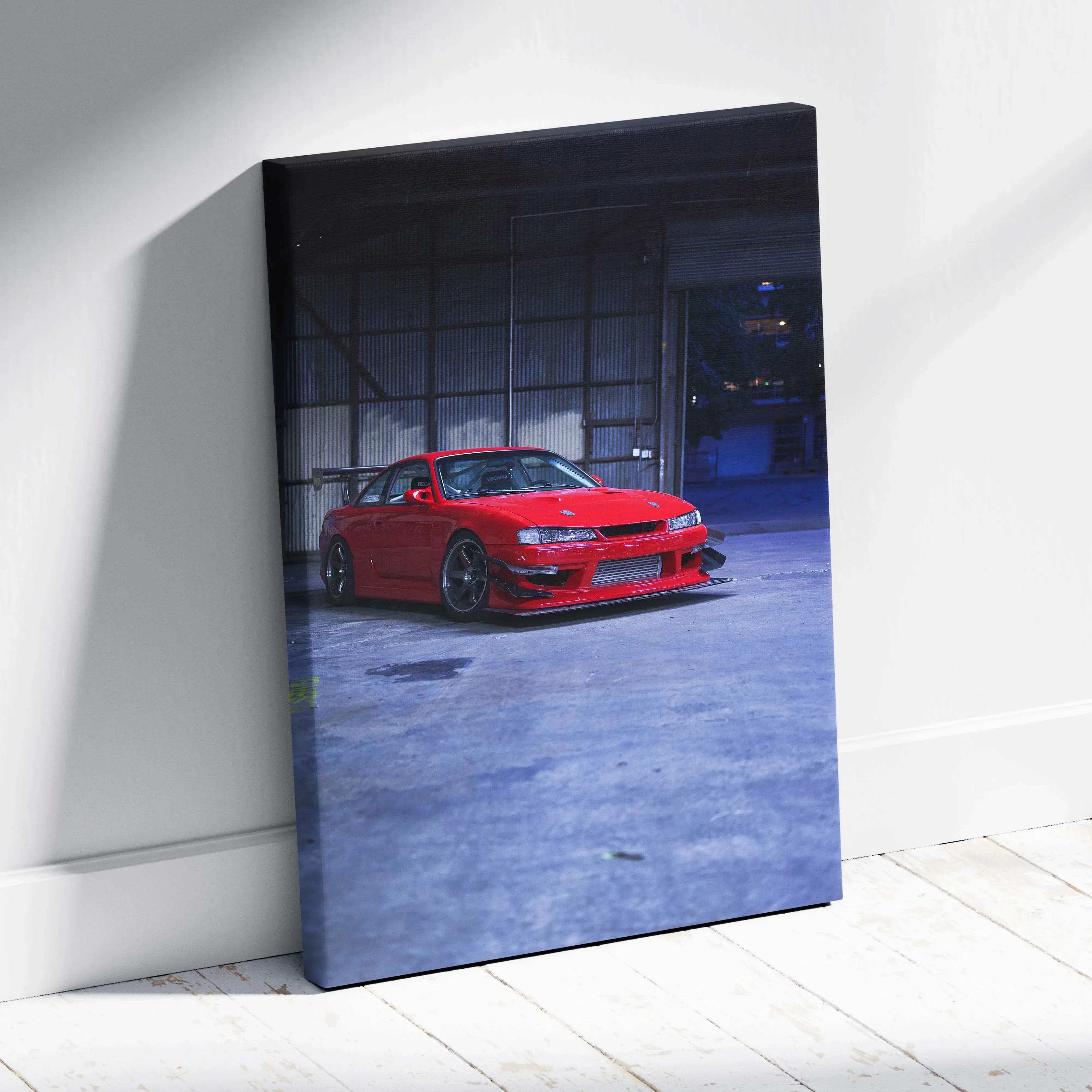Canvas wall art featuring high resolution red nissan 240sx s14 kouki car photography vertical print