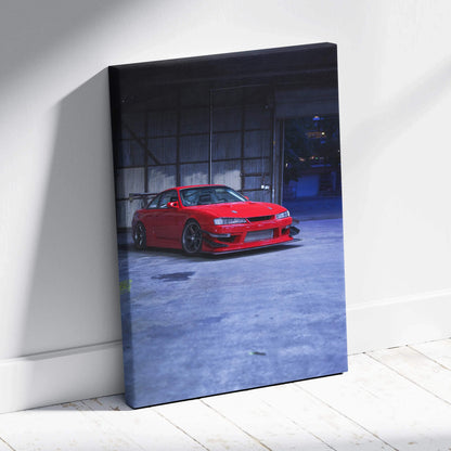 Red Nissan 240sx S14 Kouki sports car against industrial background canvas wall art.