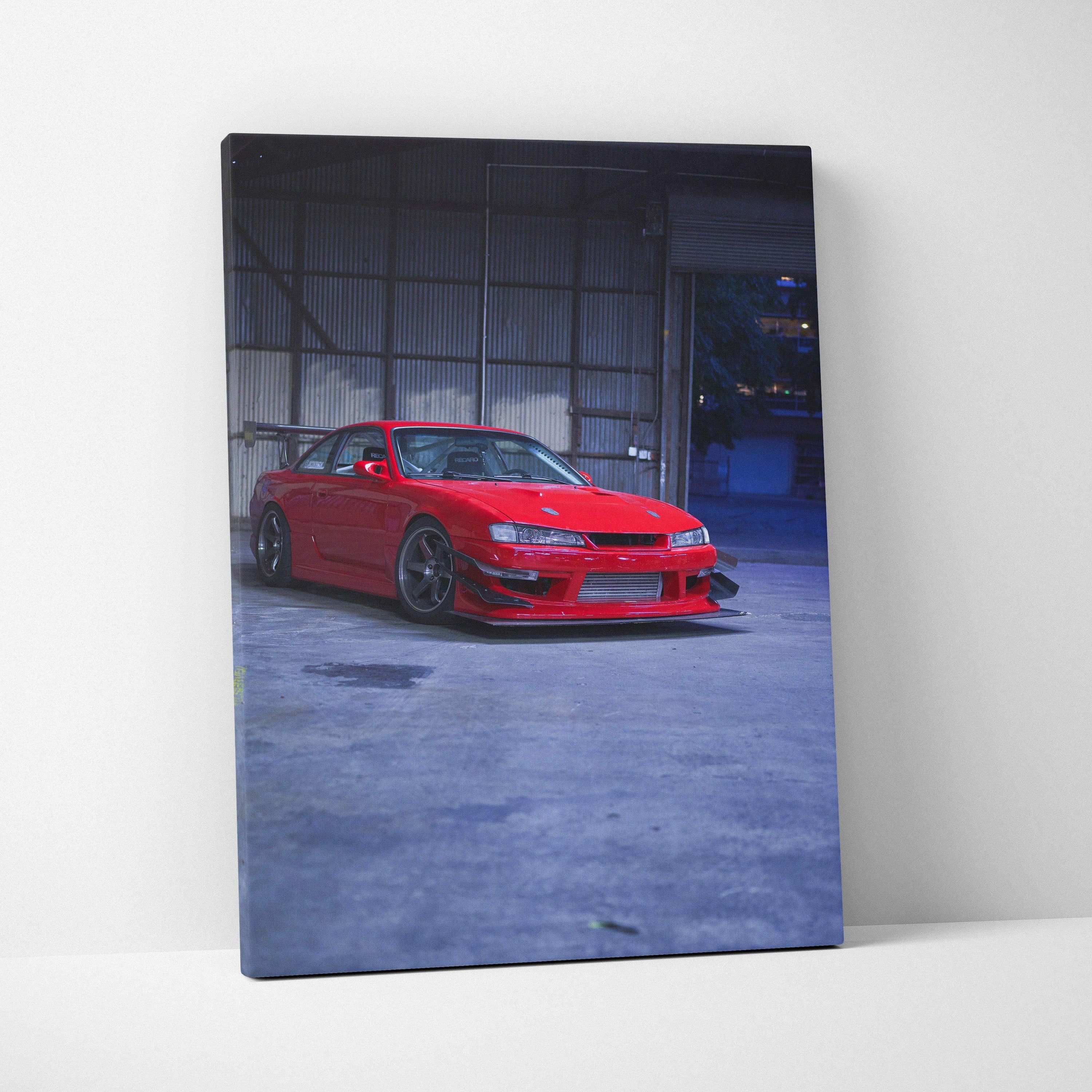 Red Nissan 240sx S14 Kouki sports car canvas wall art with urban garage background.