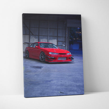 Red Nissan 240sx S14 Kouki sports car canvas wall art with urban garage background.