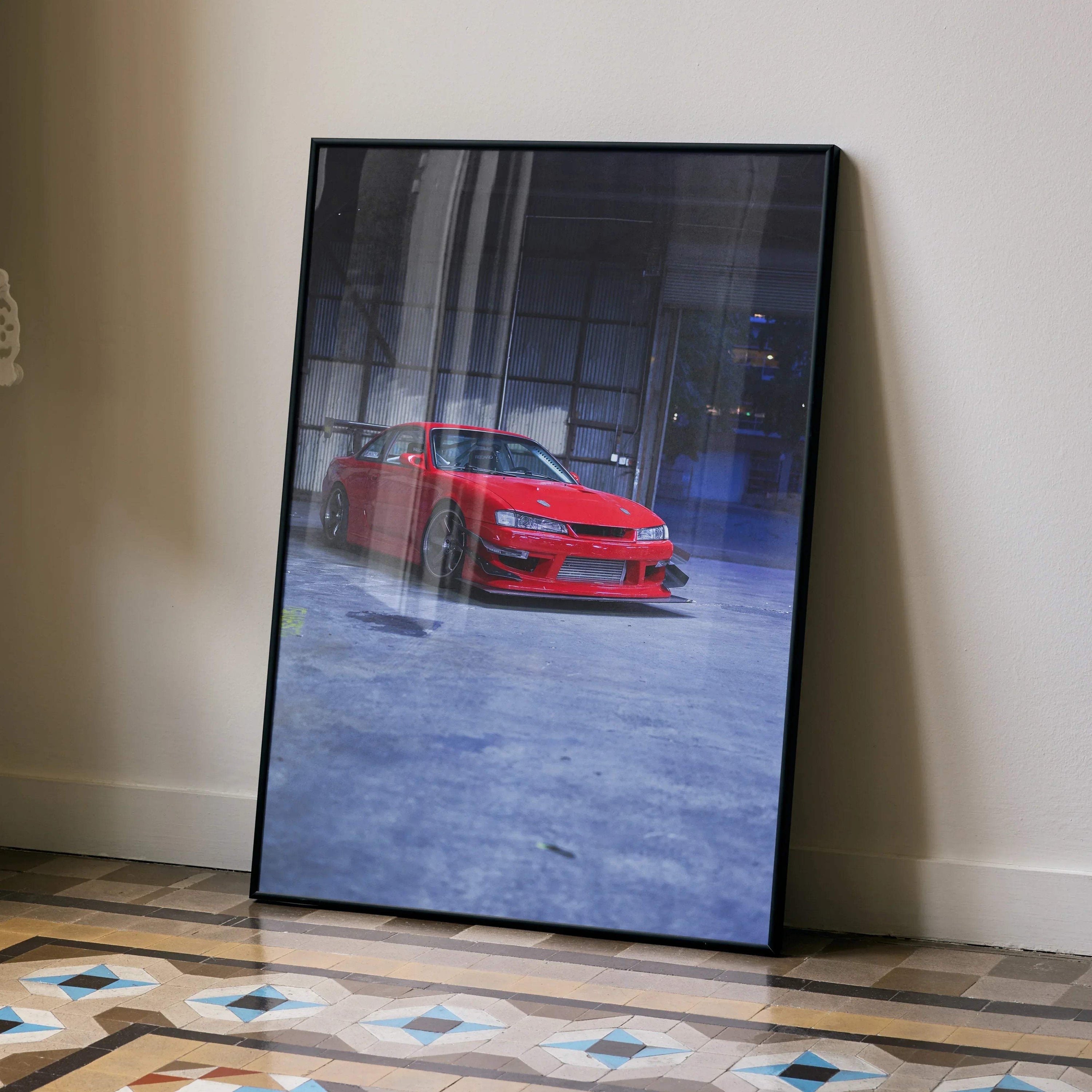 Red Nissan 240sx S14 Kouki poster with blue and gray urban background leaning against wall wall art.
