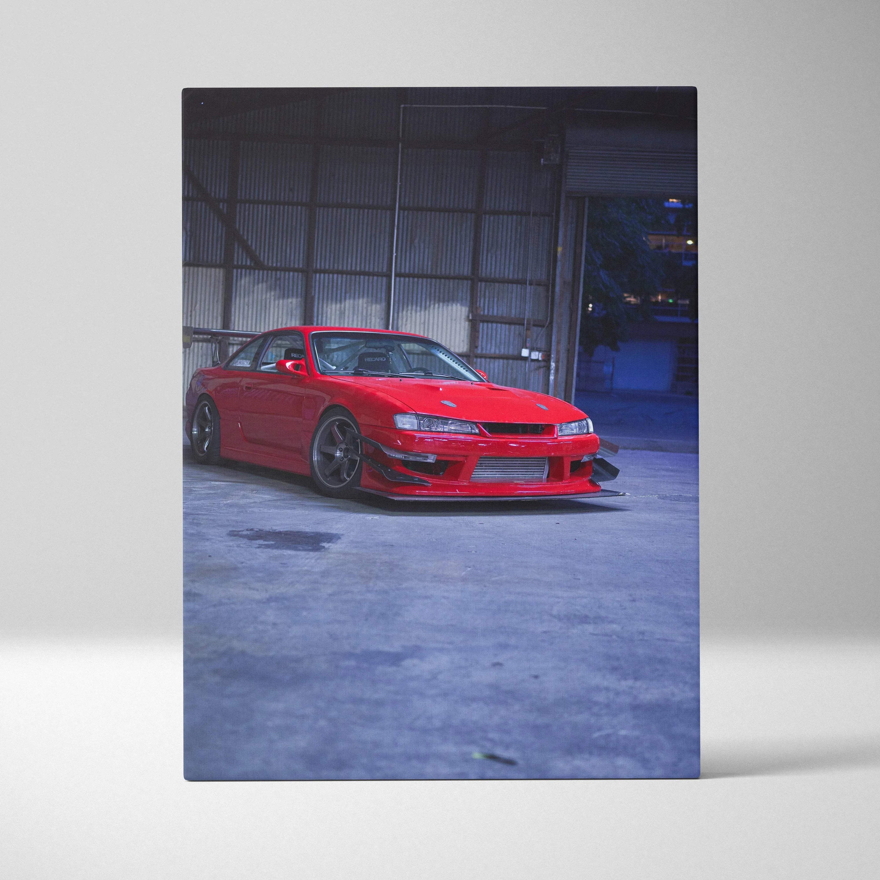 Red Nissan 240sx S14 Kouki car canvas wall art with urban garage background, vertical canvas art.