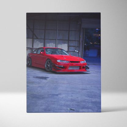 Red Nissan 240sx S14 Kouki car canvas wall art with urban garage background, vertical canvas art.