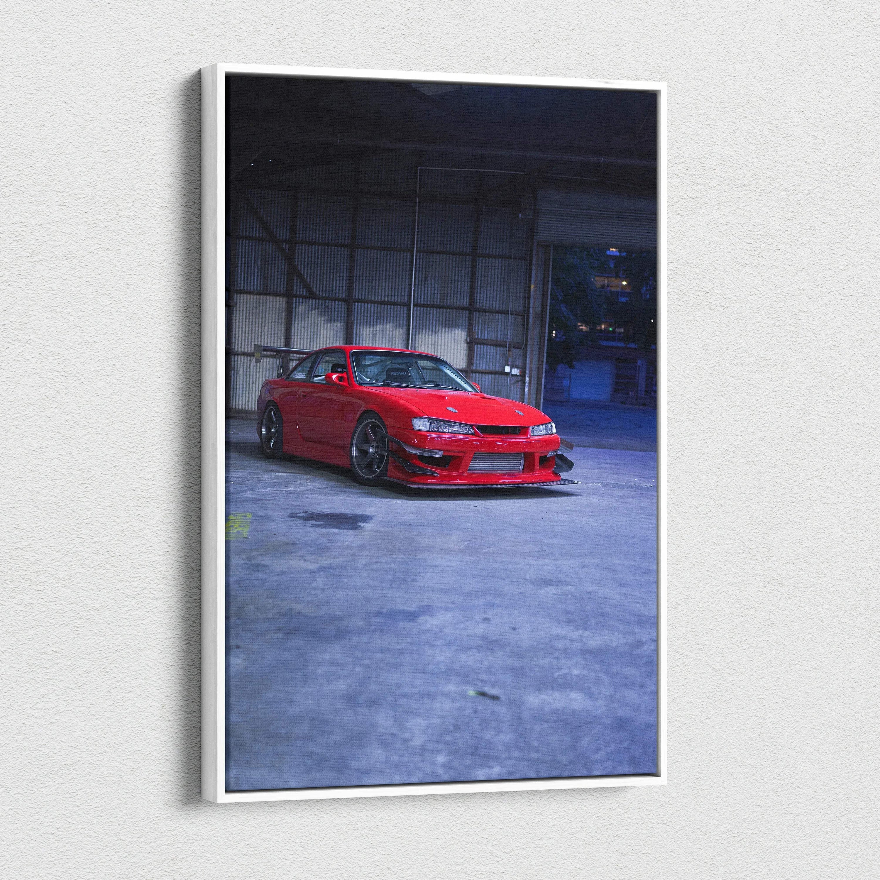 Red Nissan 240sx S14 Kouki car in warehouse setting vertical canvas wall art print.
