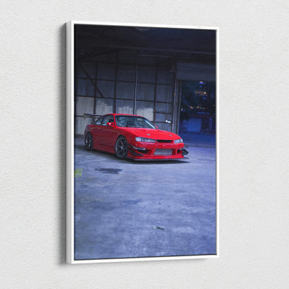 Red Nissan 240sx S14 Kouki car in warehouse setting vertical canvas wall art print.