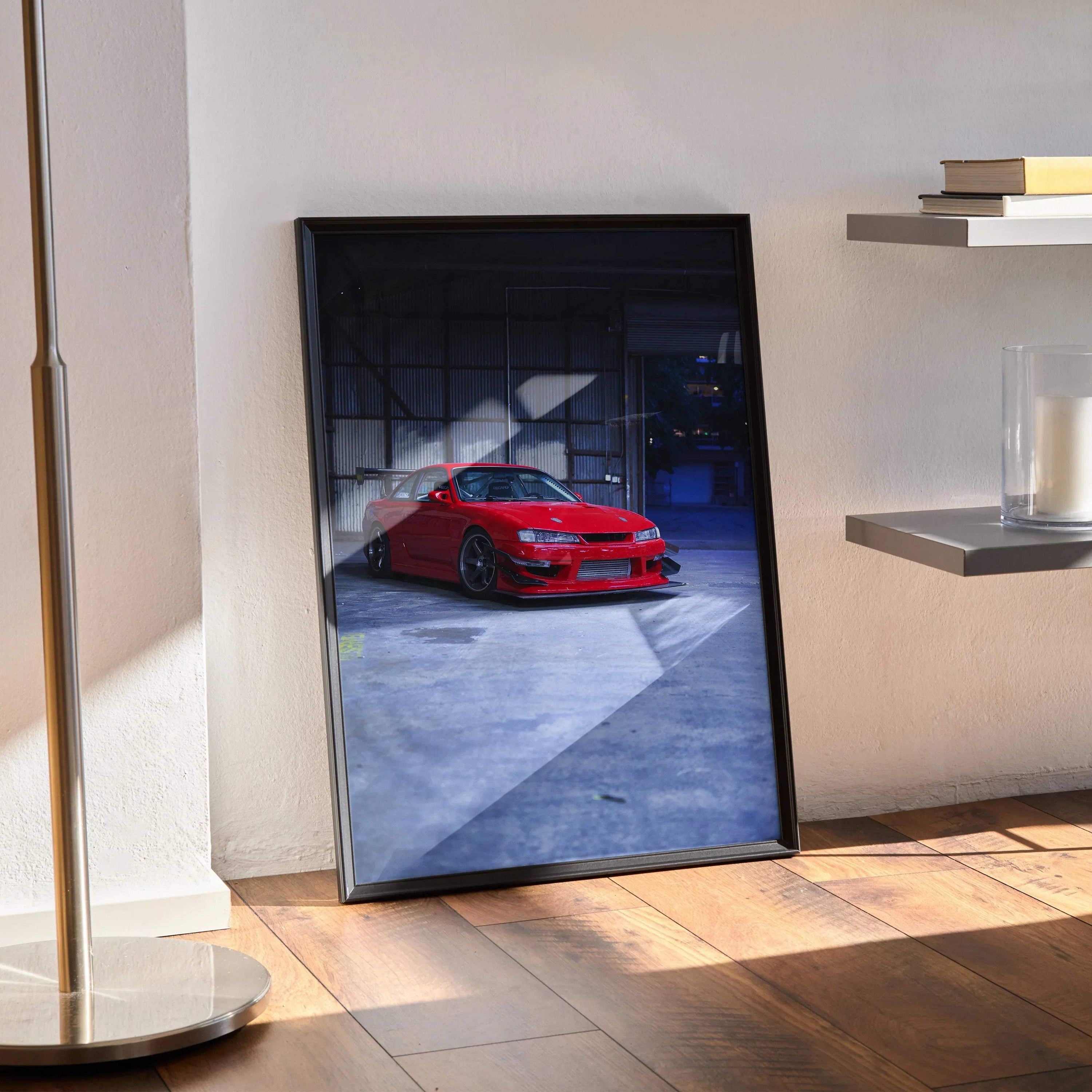 Nissan 240sx S14 Kouki red car poster leaning against wall, modern wall art in black frame.