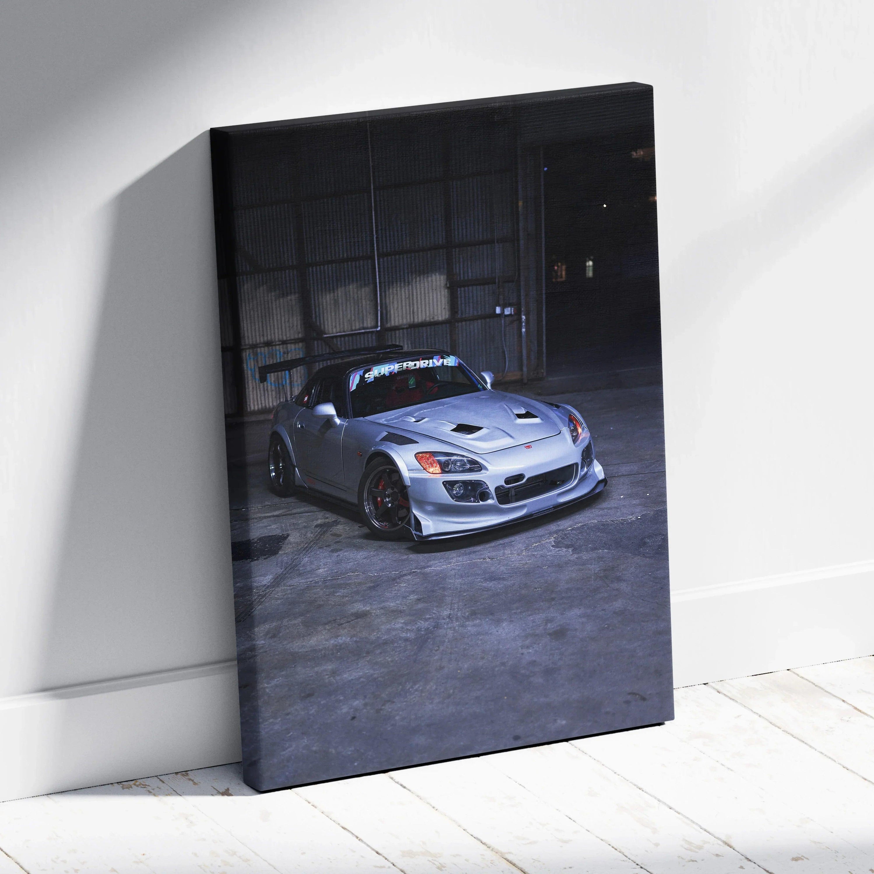 Honda S2000 sports car on dark garage floor canvas wall art in vertical format.
