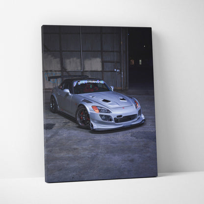 Honda S2000 sleek silver sports car canvas wall art with dark industrial background.