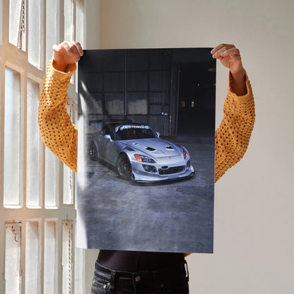 Honda S2000 poster wall art showing a silver sports car in a dimly lit garage.