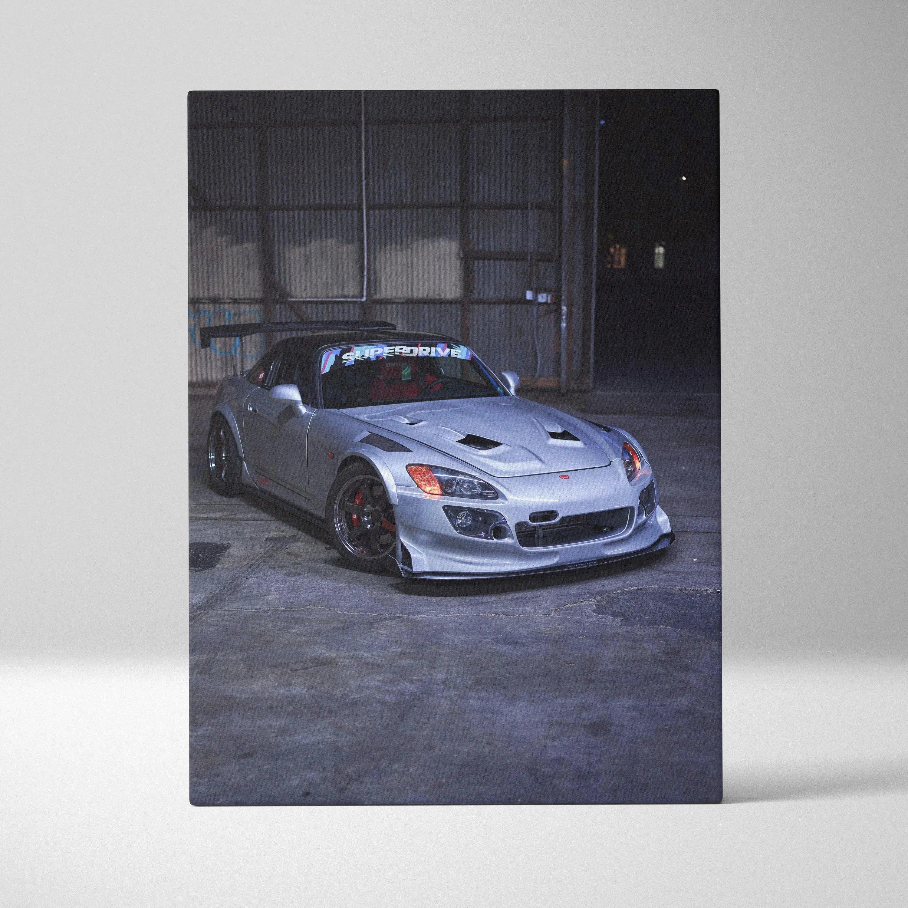 Honda S2000 silver sports car canvas art with detailed front view on warehouse floor wall art.