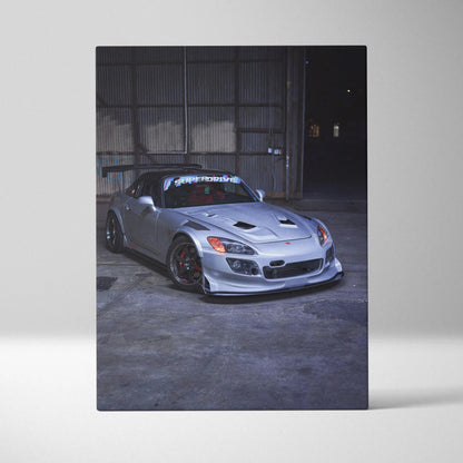 Honda S2000 silver sports car canvas art with detailed front view on warehouse floor wall art.