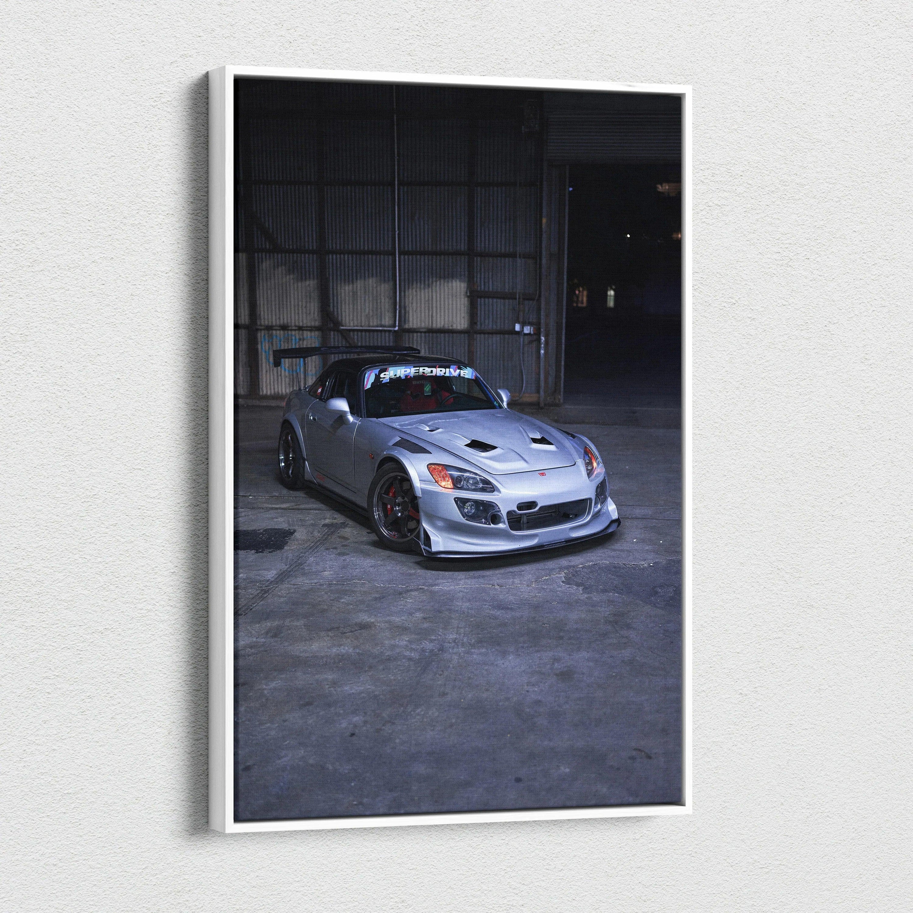 Honda S2000 silver sports car canvas wall art with dark industrial background vertical canvas art.