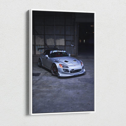 Honda S2000 silver sports car canvas wall art with dark industrial background vertical canvas art.