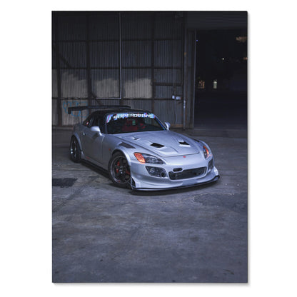 Silver Honda S2000 sports car in dark industrial setting poster wall art.