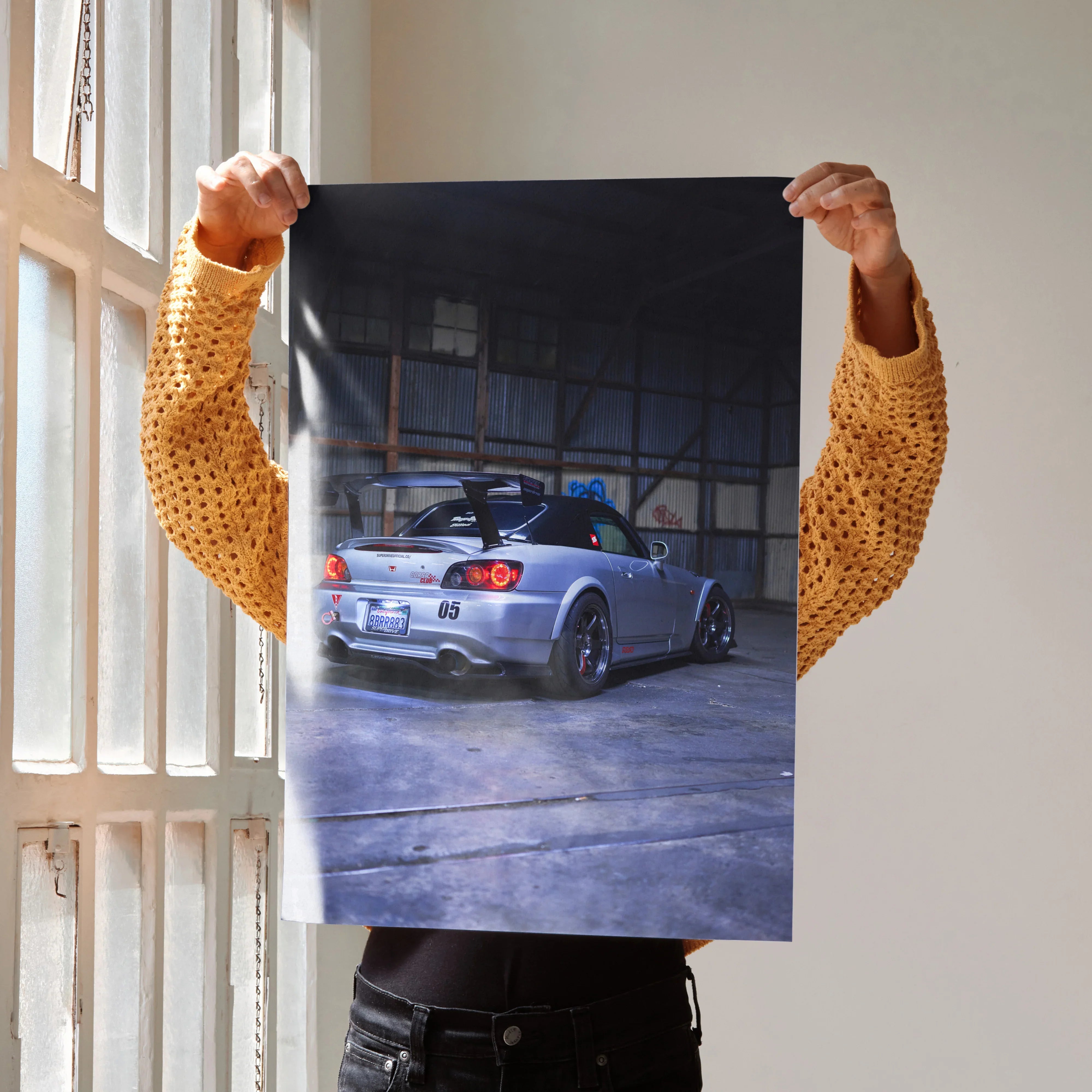 Honda S2000 JDM poster wall art showing silver convertible car in industrial setting.