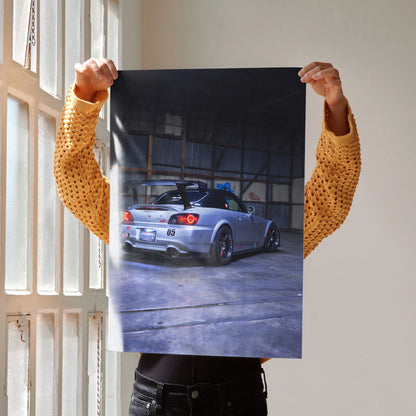 Honda S2000 JDM poster wall art showing silver convertible car in industrial setting.