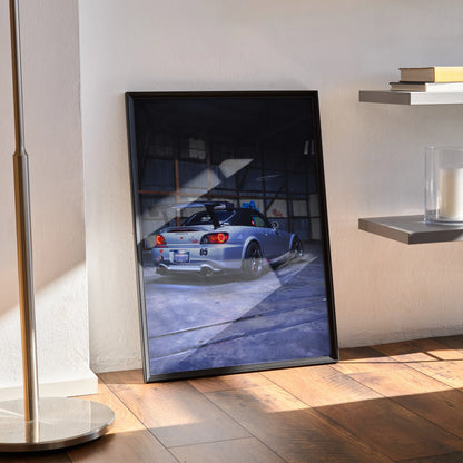 Honda S2000 JDM art print poster in black frame displayed as wall art with sports car detail.