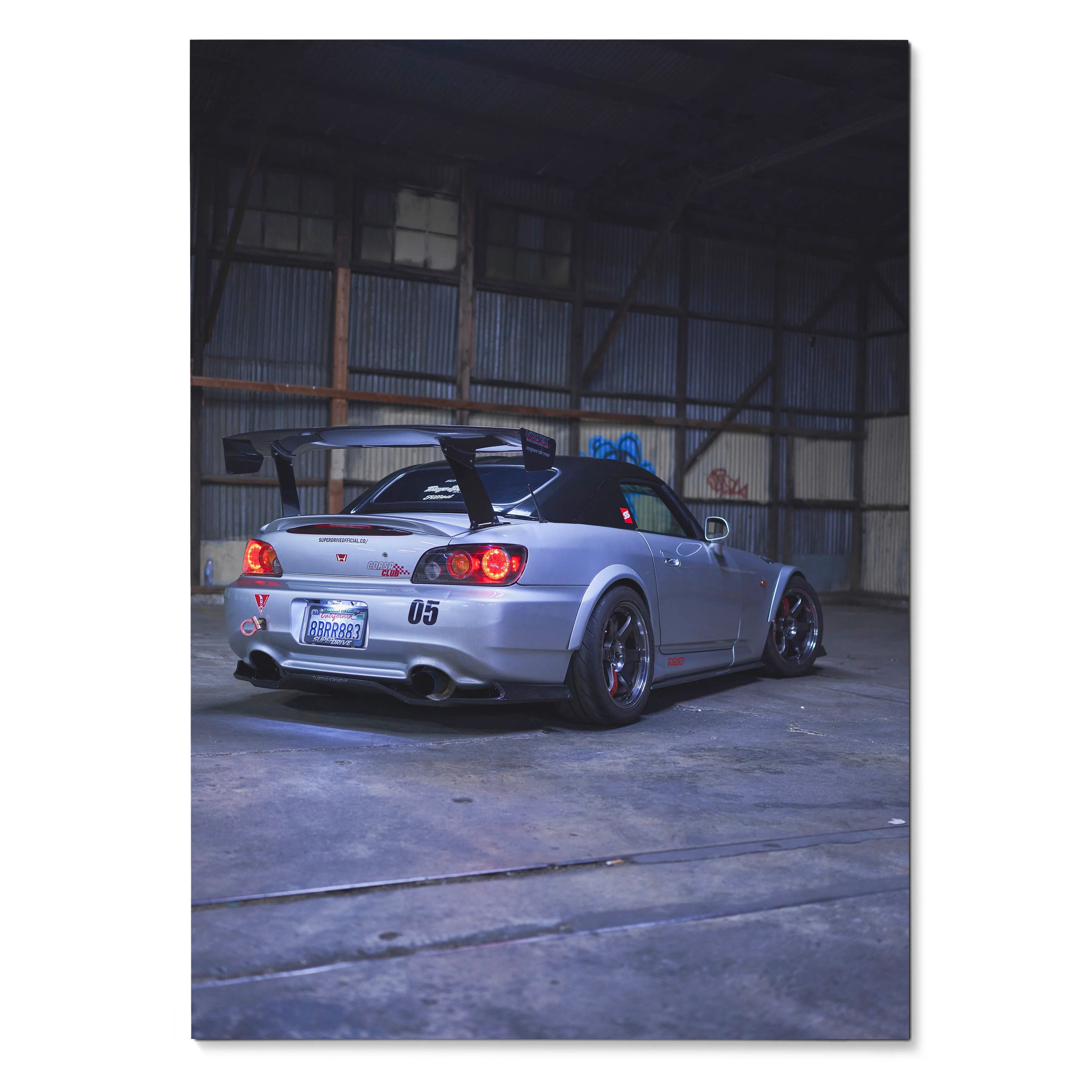 Honda S2000 silver sports car rear view in industrial warehouse poster wall art.
