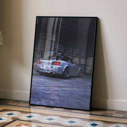 Honda S2000 silver convertible poster leaning against wall, automotive wall art.