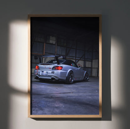 Honda S2000 silver sports car parked in dark garage, automotive art poster wall art.