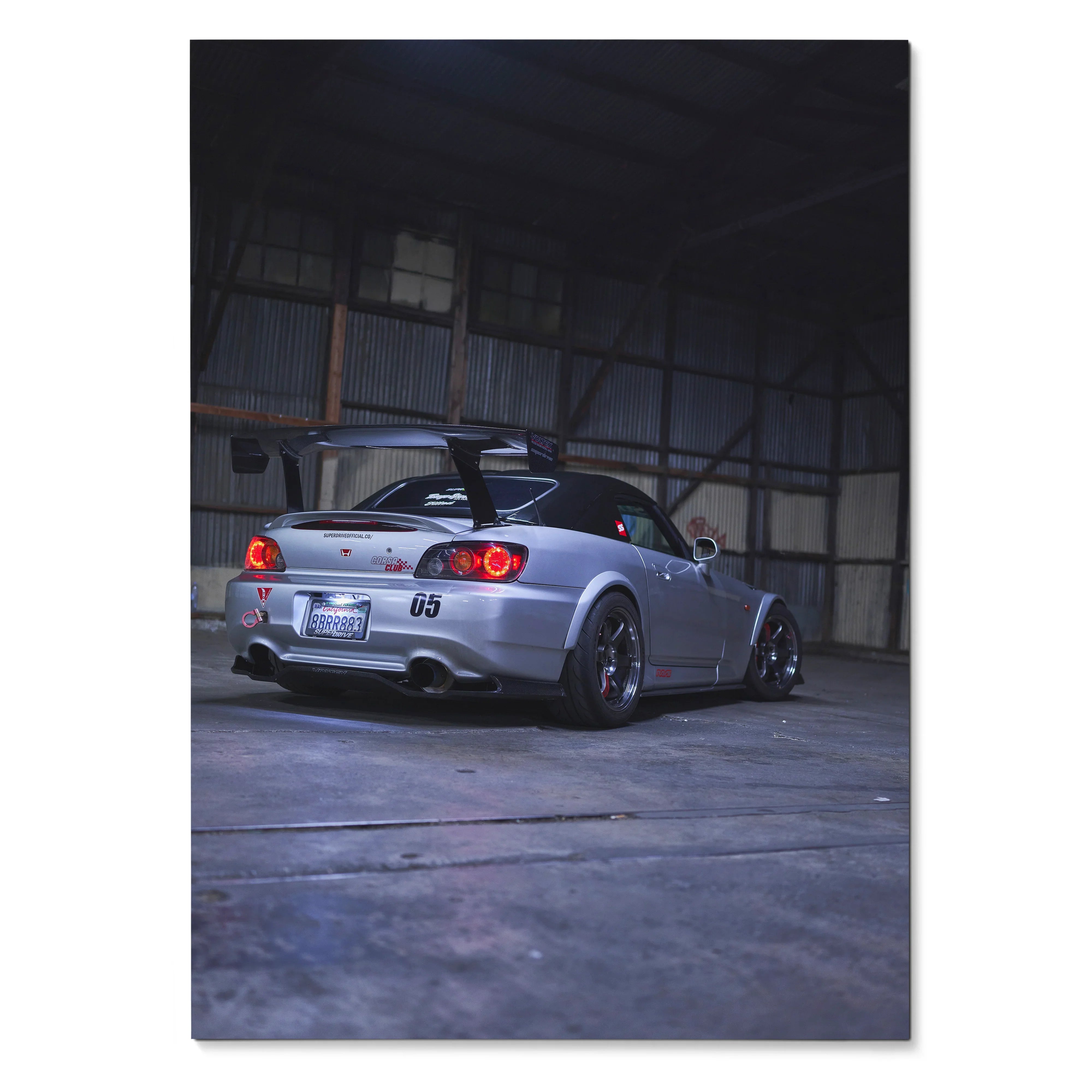 Honda S2000 sports car parked inside industrial warehouse poster wall art.