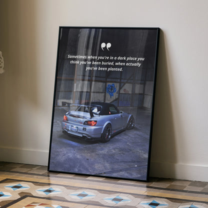 Honda S2000 poster wall art with silver sports car and motivational quote in modern black frame.