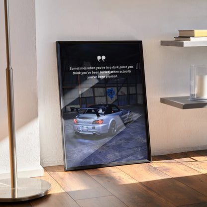 Honda S2000 poster wall art with silver car and motivational text in modern black frame.
