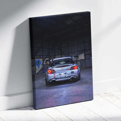 Honda S2000 car in dimly lit industrial garage on vertical canvas wall art.