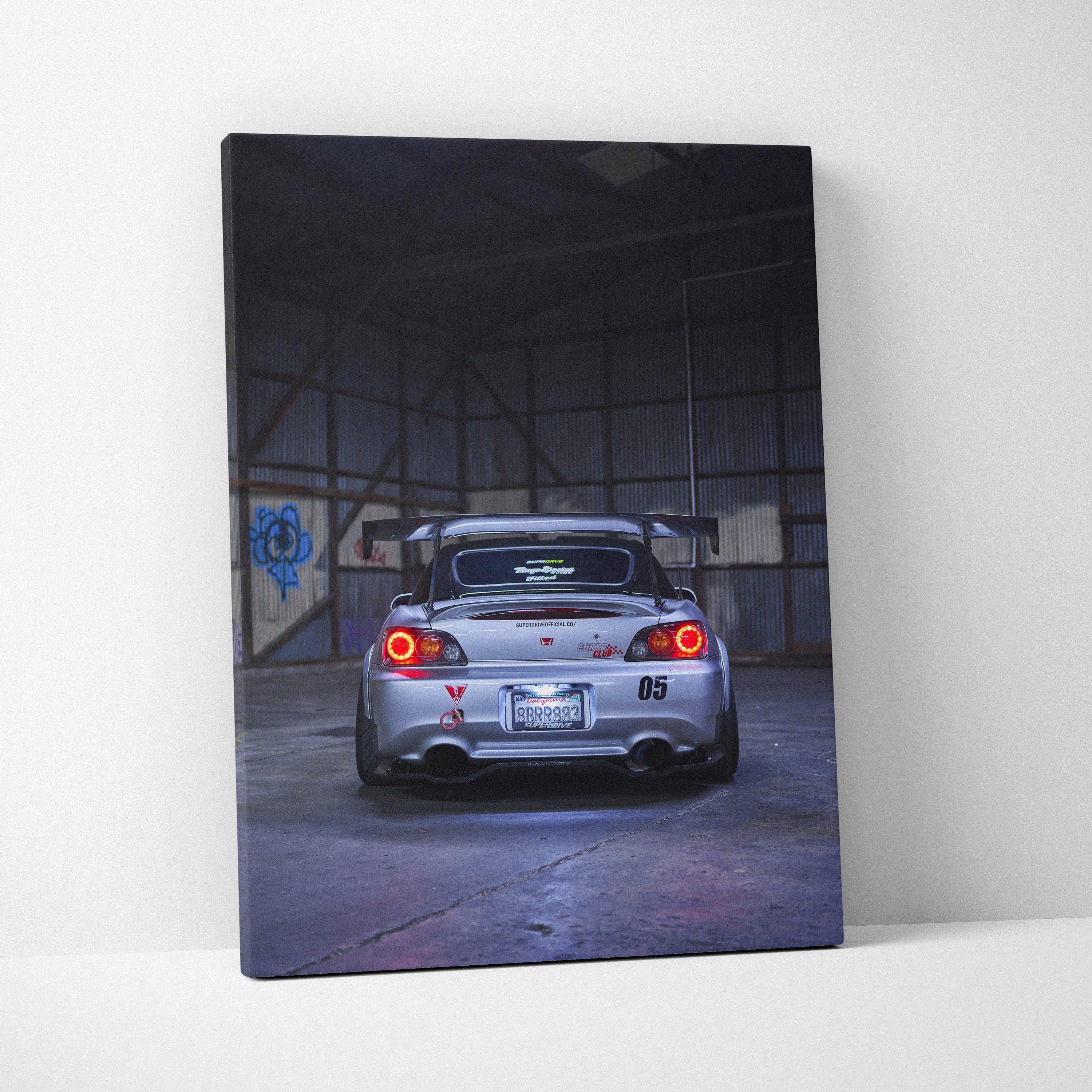 Honda S2000 car rear view canvas art with dark industrial background wall art print.