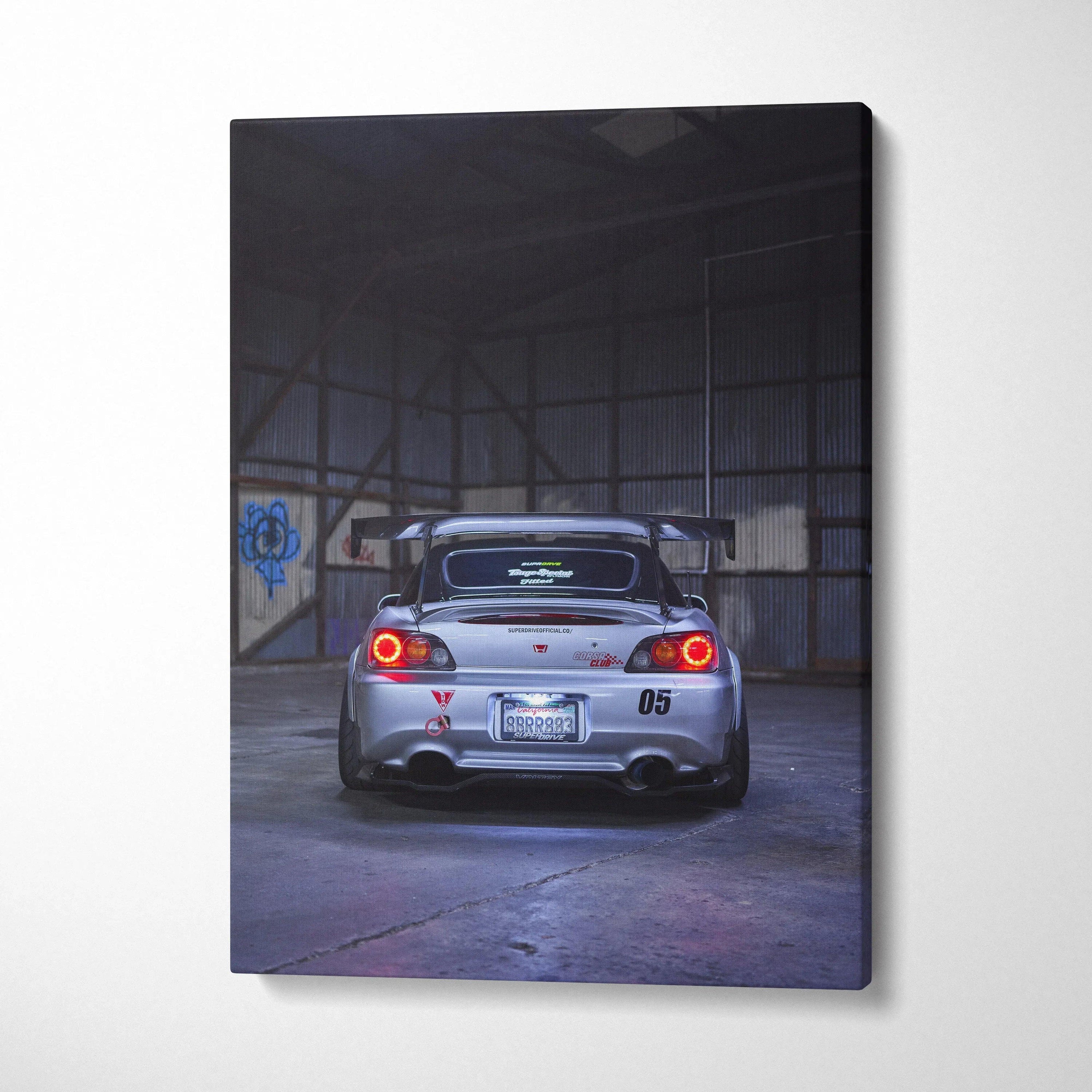 Honda S2000 rear view in warehouse setting canvas wall art with high detail and vibrant colors.