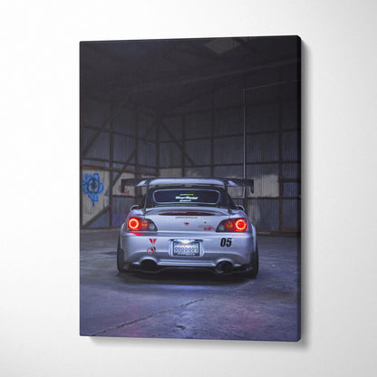 Honda S2000 rear view in warehouse setting canvas wall art with high detail and vibrant colors.